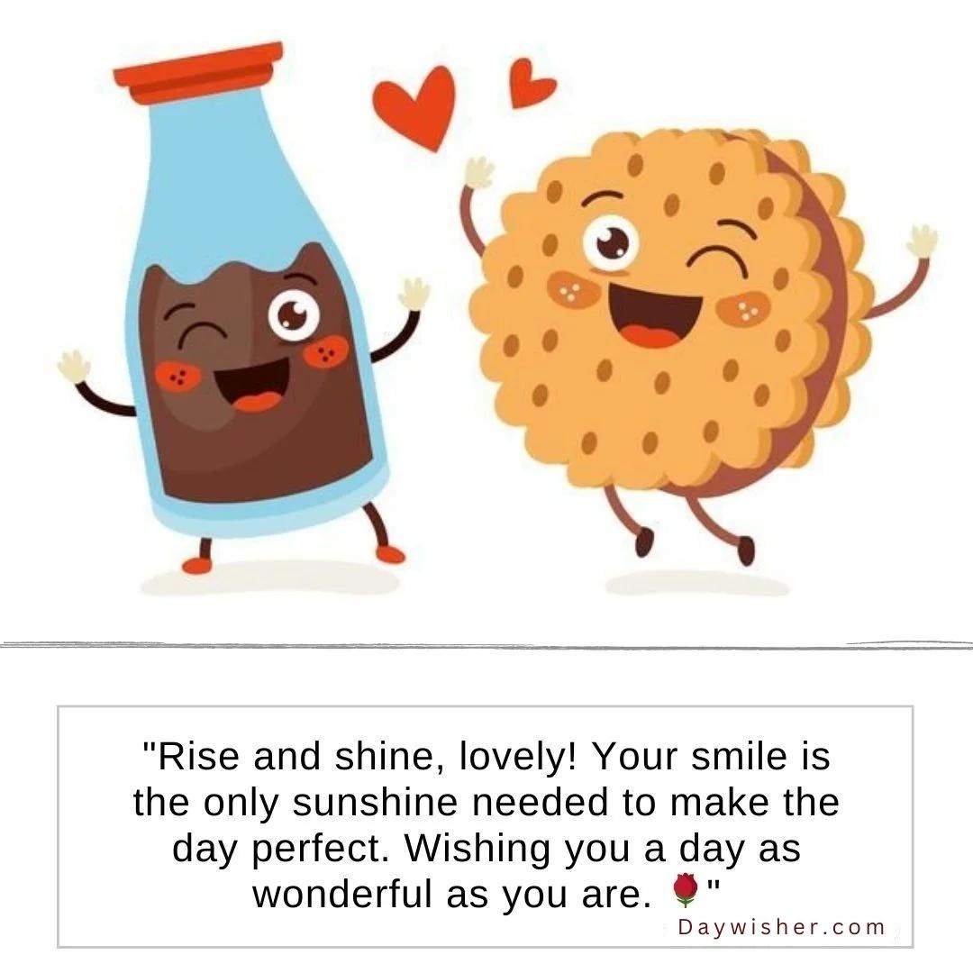 An anthropomorphic chocolate bar and cookie cheerfully interact, with the chocolate bar in a bottle and the cookie surrounded by hearts. A quote encourages the viewer to shine brightly and have a great day.