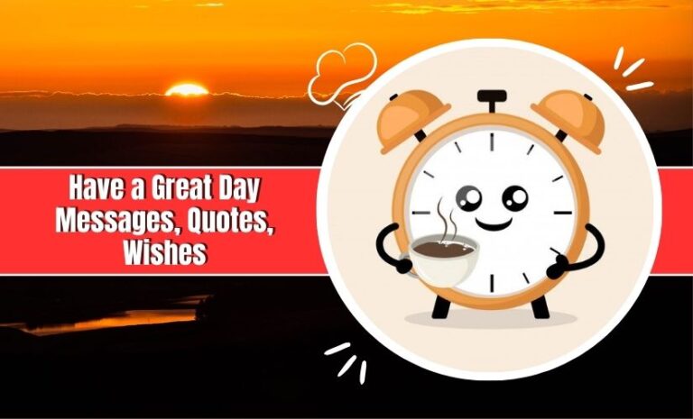 A vibrant image featuring a smiling cartoon clock holding a coffee cup, with text "Have a Great Day Messages". The background shows a beautiful sunset over a serene landscape.