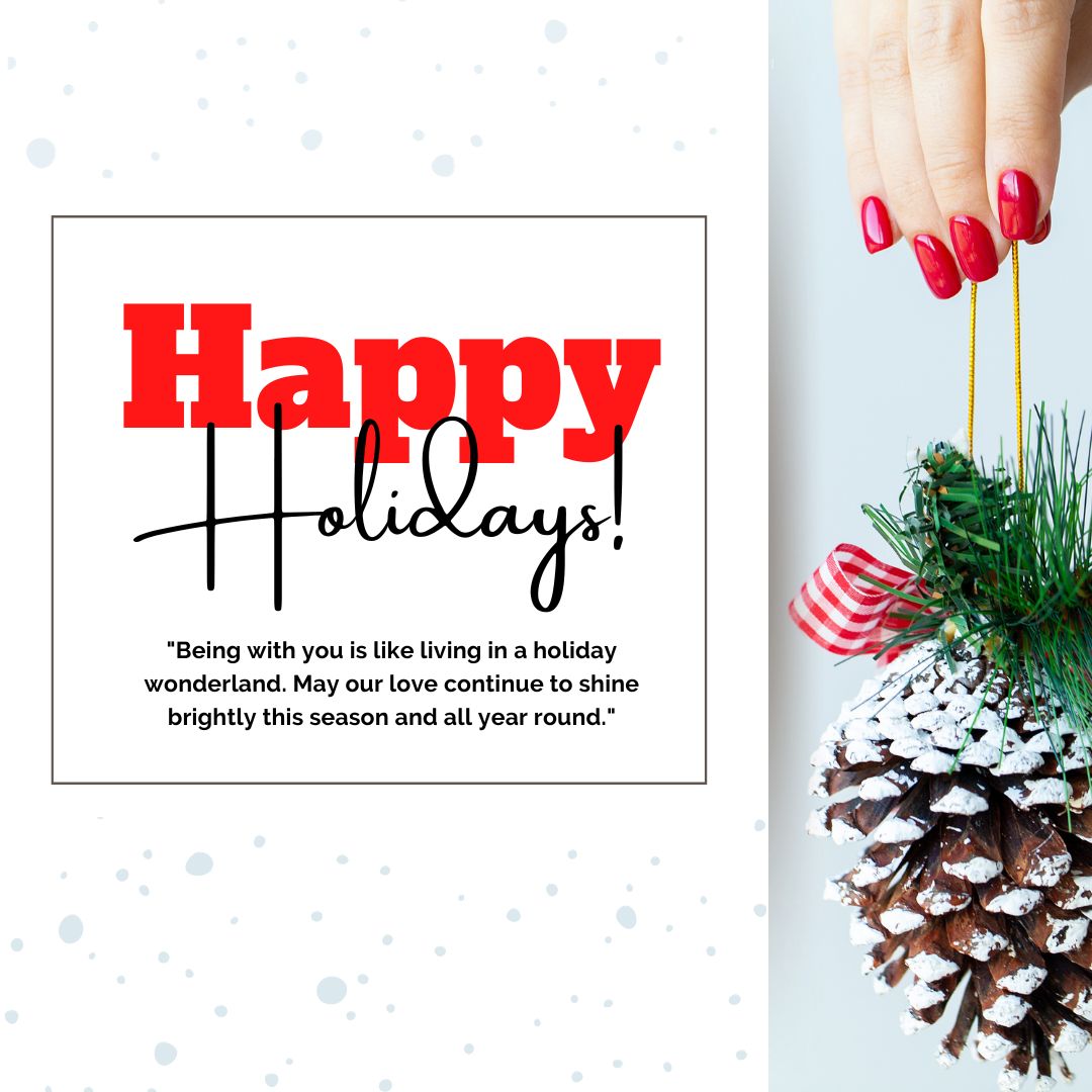 A woman's hand holding a small festive tree decoration, next to a "Happy Holiday Wishes" greeting card with a snowy background and a heartfelt quote.