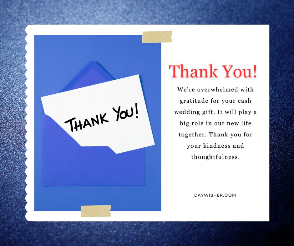 A blue greeting card with a white "Thank You for Wedding Gift" note placed inside. The text expresses gratitude for a cash wedding gift on a textured blue background.