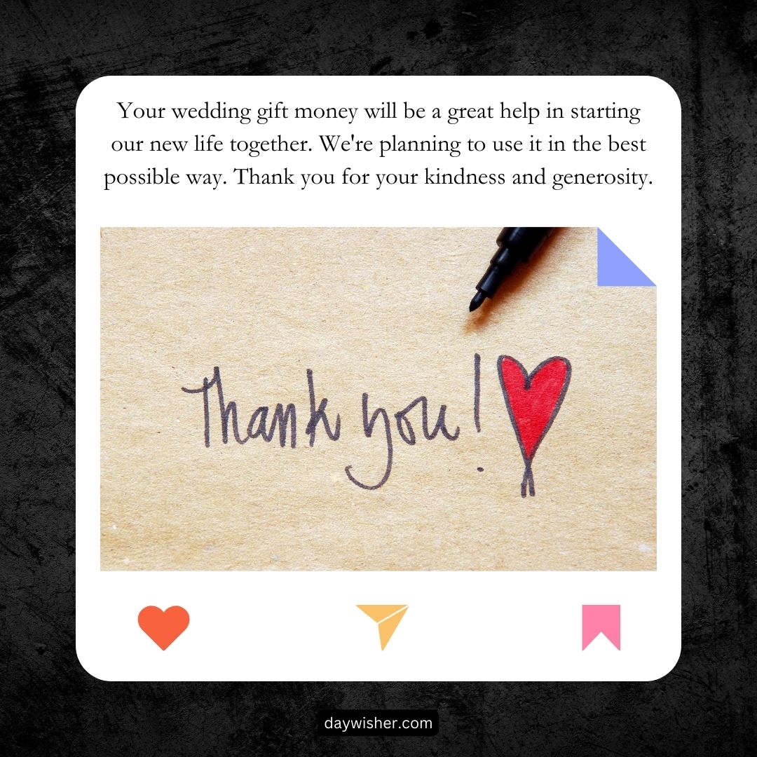 A note with the words "Thank You for Wedding Gift" handwritten in black ink with a red heart next to it, sitting on a beige surface with a blue pen, accompanied by a message expressing gratitude