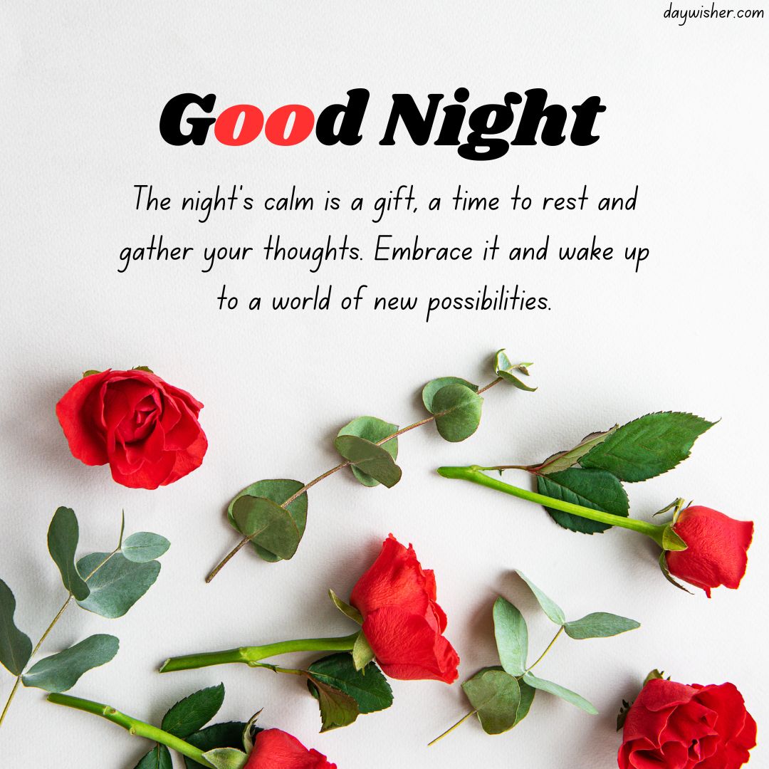 Image of a "good night" message with text overlay on a white background, surrounded by scattered red roses and green leaves, conveying a calming and thoughtful sentiment.