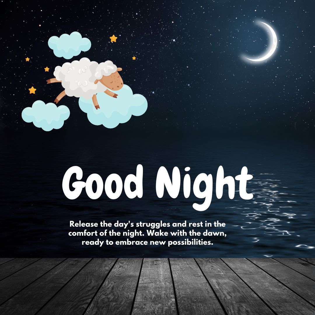 An illustration of a sheep jumping over clouds against a night sky with a crescent moon, above a wooden pier extending into a calm sea. Text "Good Night Messages" and an inspirational message are visible