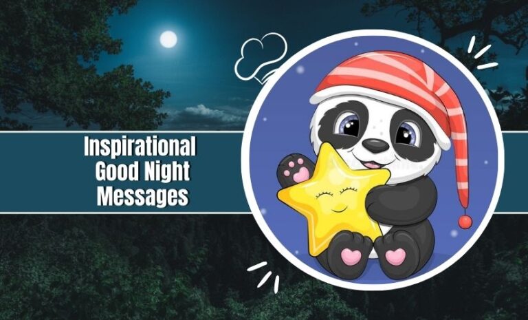 Illustration of a cute panda in a striped hat holding a smiling star, with "Inspirational Good Night Messages" text, set against a moonlit night sky background.