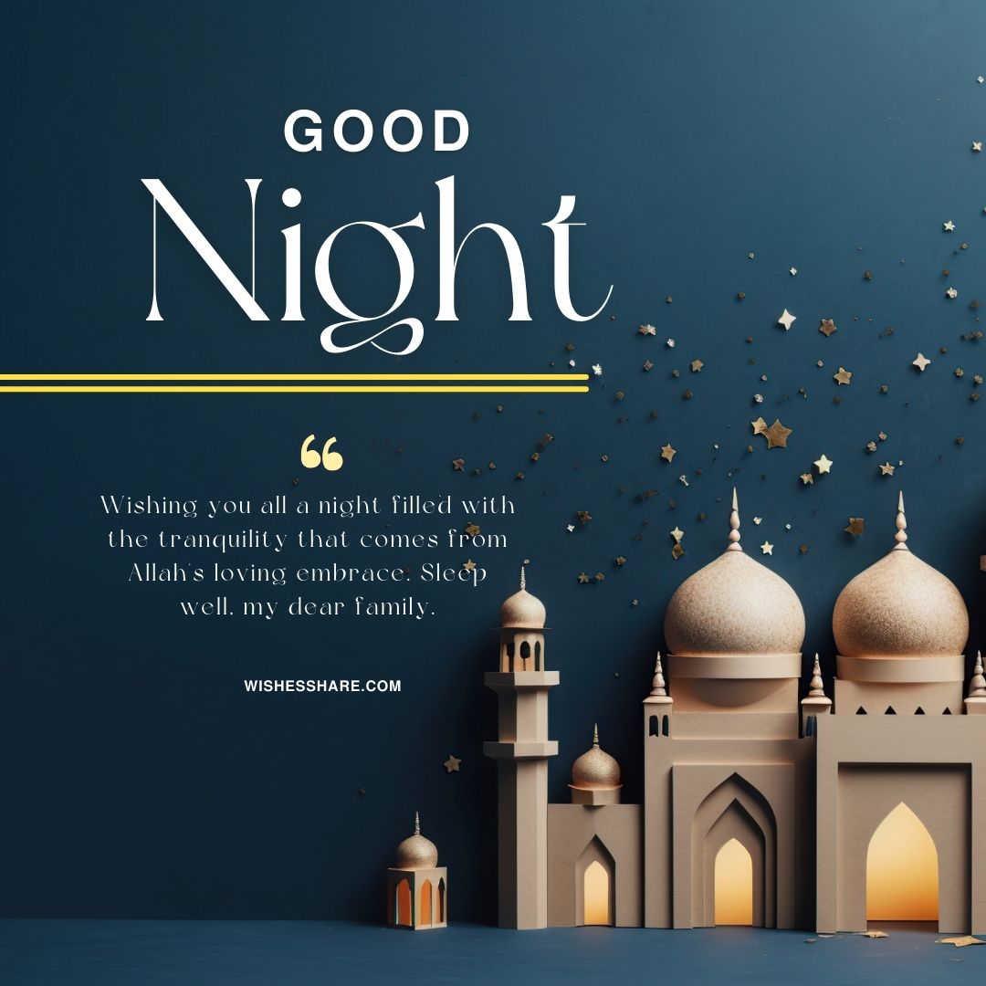 An elegant "good night" greeting card featuring a serene night sky background, a quote about tranquility and sleep, and a beautifully crafted illustration of a mosque with Islamic good night messages scattered around.