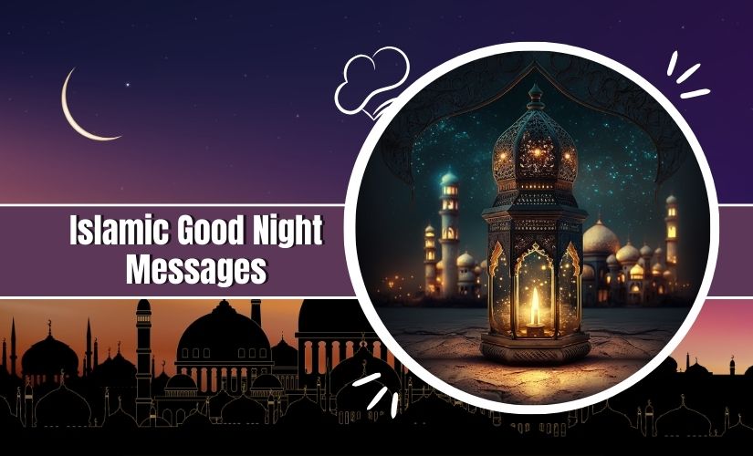 Illustration featuring a decorative lantern against a nighttime background with silhouettes of mosques and a crescent moon. The text "Islamic Good Night Messages" is displayed prominently.