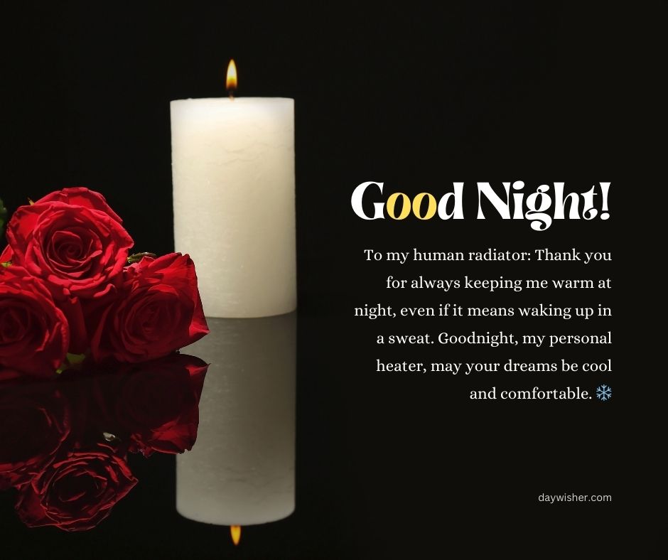 A serene image featuring a lit white candle beside a bouquet of red roses on a dark background, accompanied by goodnight paragraphs for him expressed in a heartfelt message.