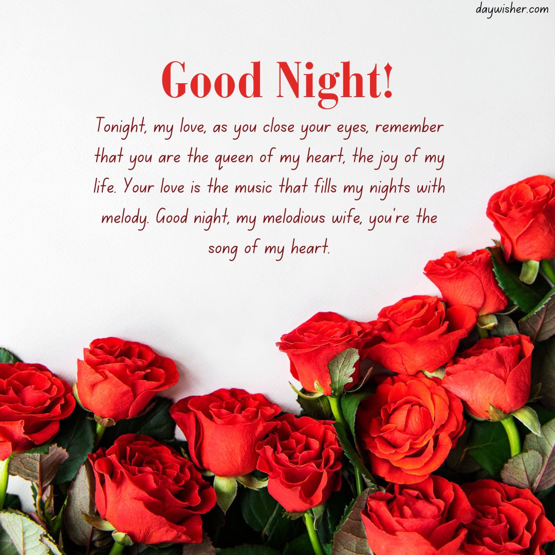 A collection of red roses arranged in a semi-circle at the bottom of the image with a loving "good night" message for your wife above, all on a white background.