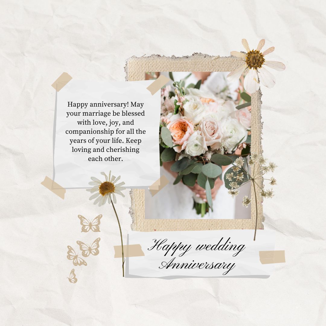 An elegant wedding anniversary card featuring a bouquet of blush roses and other florals in a rustic frame, on a beige background with decorative elements and heartfelt wedding anniversary wishes for friends.