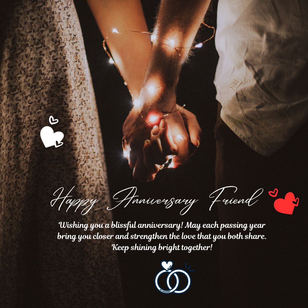 An anniversary greeting card displaying two hands holding with twinkling lights in a dark backdrop, with text "Wedding Anniversary Wishes For Friends" and a heartfelt message below.