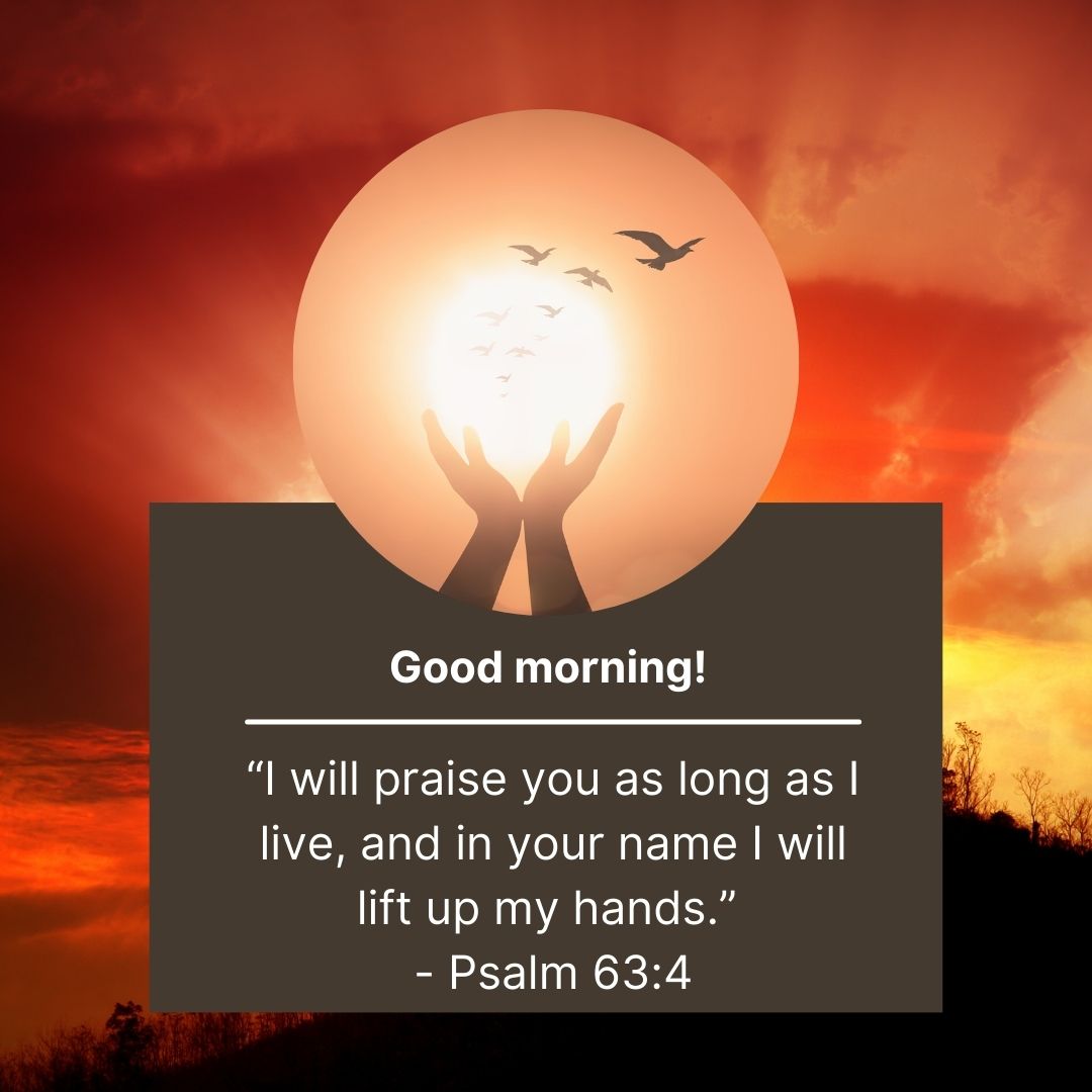 A silhouette of hands lifting towards a large, bright sun with a red and orange sky, accompanied by flying birds. Text reads "Good Morning Bible Verses" and a quote from Psalm 63: