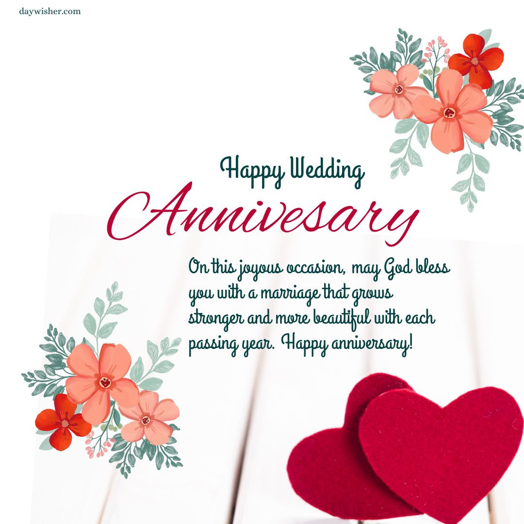 An image of a wedding anniversary card with floral designs in the upper left corner, featuring coral flowers and green leaves. The text inside reads "Happy Wedding Anniversary Wishes for Friends" and a heartfelt message