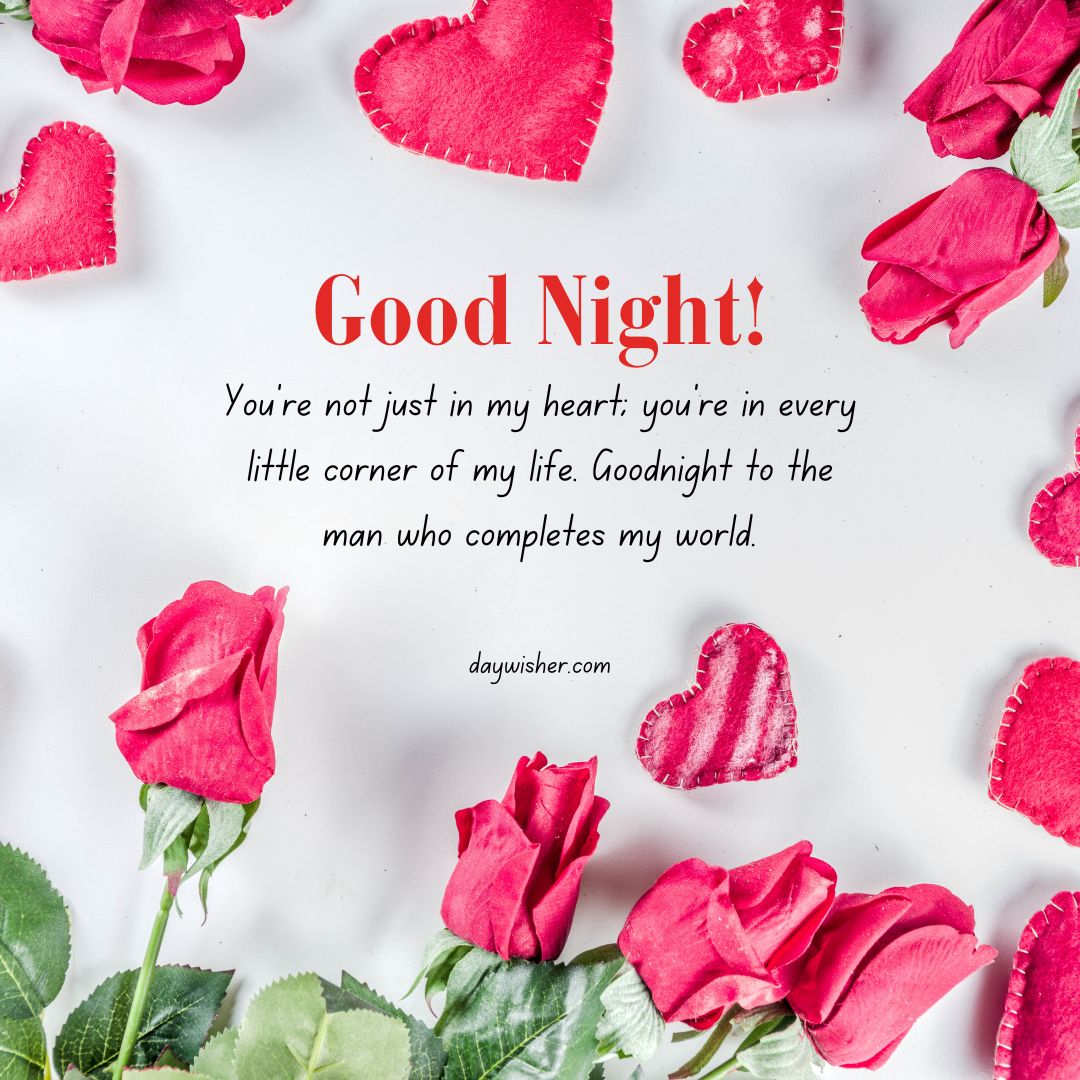 A heartfelt goodnight message for your husband surrounded by red rose petals and hearts on a white background, conveying love and affection.
