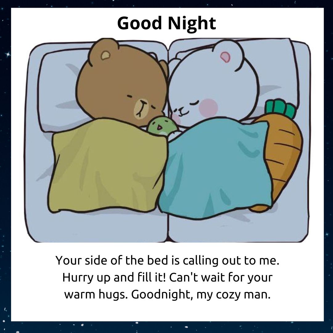 Illustration of two cute bears in bed, one brown and one white, snuggling under individual blankets, with a greeting "Good Night Messages For Husband" above them.