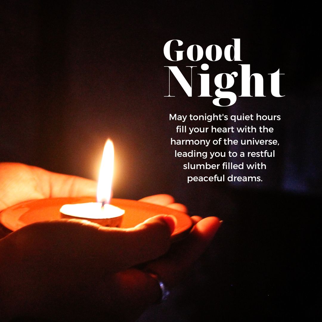 A lit candle held in hands against a dark background, with the text "spiritual good night" and an inspiring message about peaceful dreams.