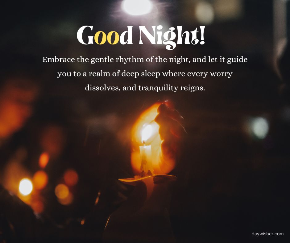A dimly lit image featuring a glowing candle with text overlay that reads "spiritual good night messages," offering a peaceful message about embracing sleep's rhythm for tranquility and deep rest.