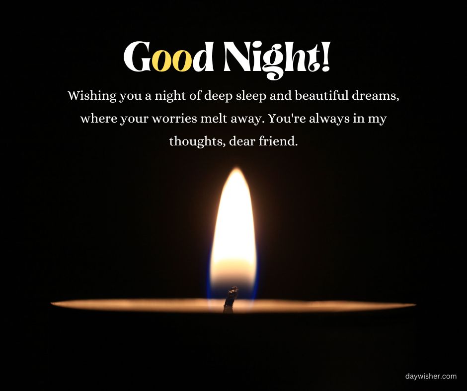 A single candle burns in the dark with the text "spiritual good night! Wishing you a night of deep sleep and beautiful dreams, where your worries melt away. You're always in my thoughts