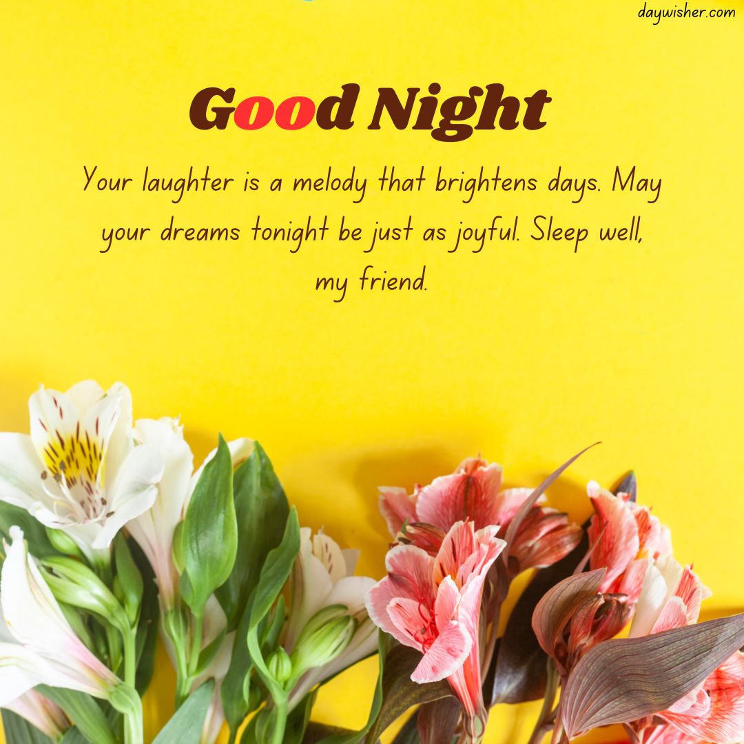 A vibrant text "good night" on a yellow background, surrounded by colorful flowers, with a spiritual message wishing joyful dreams and good sleep.