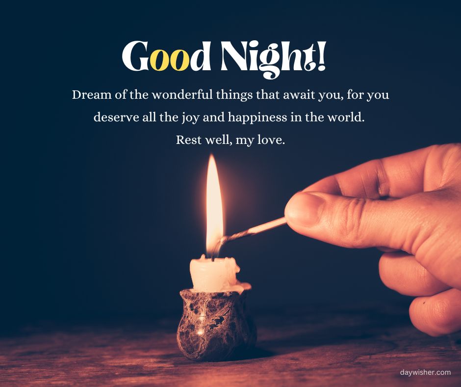 A lit candle on a small holder with text "spiritual good night messages" above an inspiring message about joy and happiness, set against a dark background, conveying a peaceful nighttime sentiment.