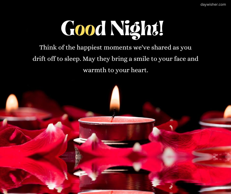 An image depicting a serene night scene with red rose petals scattered around a lit candle. The text "spiritual good night messages" shines at the top, followed by a warm, heartfelt message