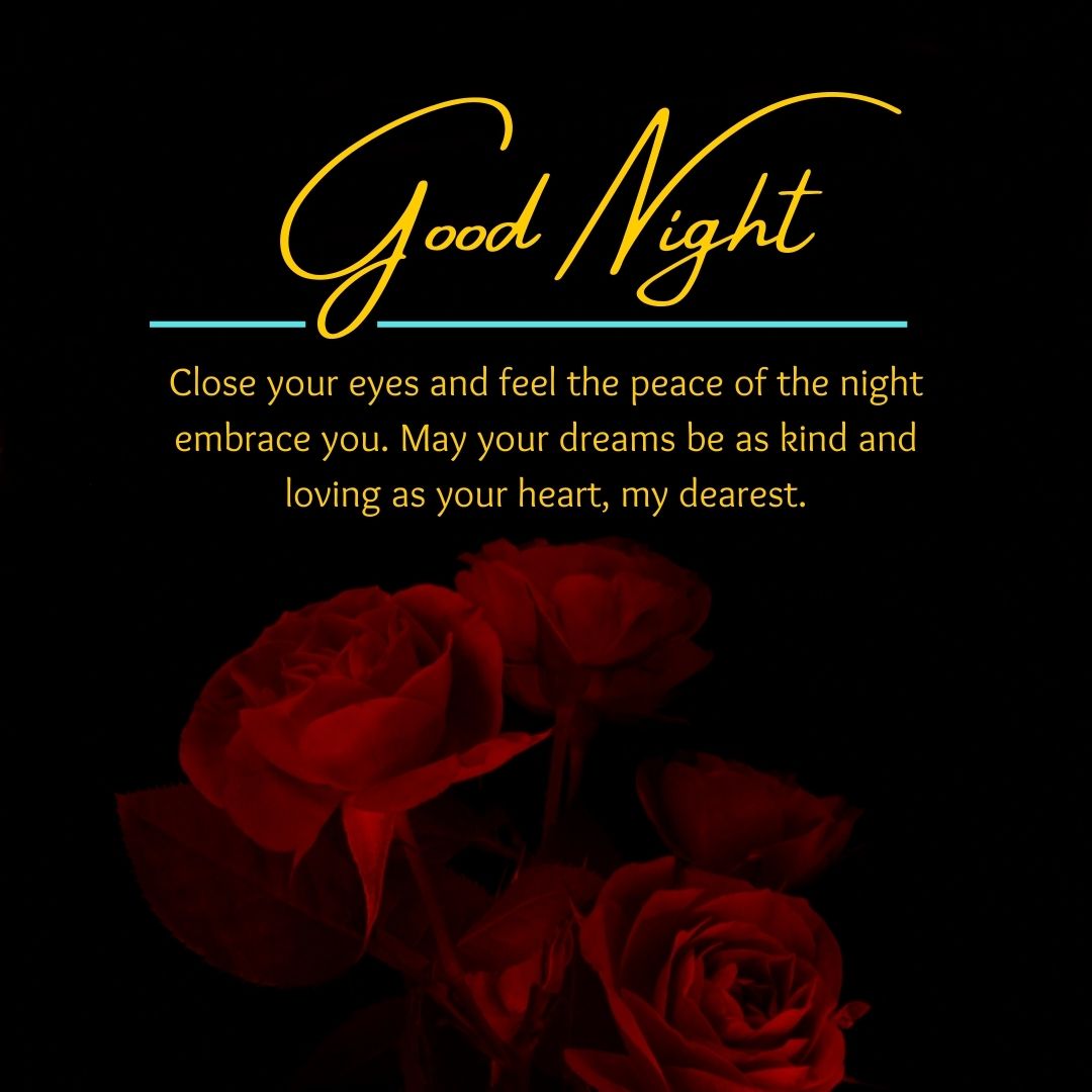 Image of a dark background with a "spiritual good night" wish in elegant gold text, accompanied by heartfelt sentiment and an image of deep red roses at the bottom.