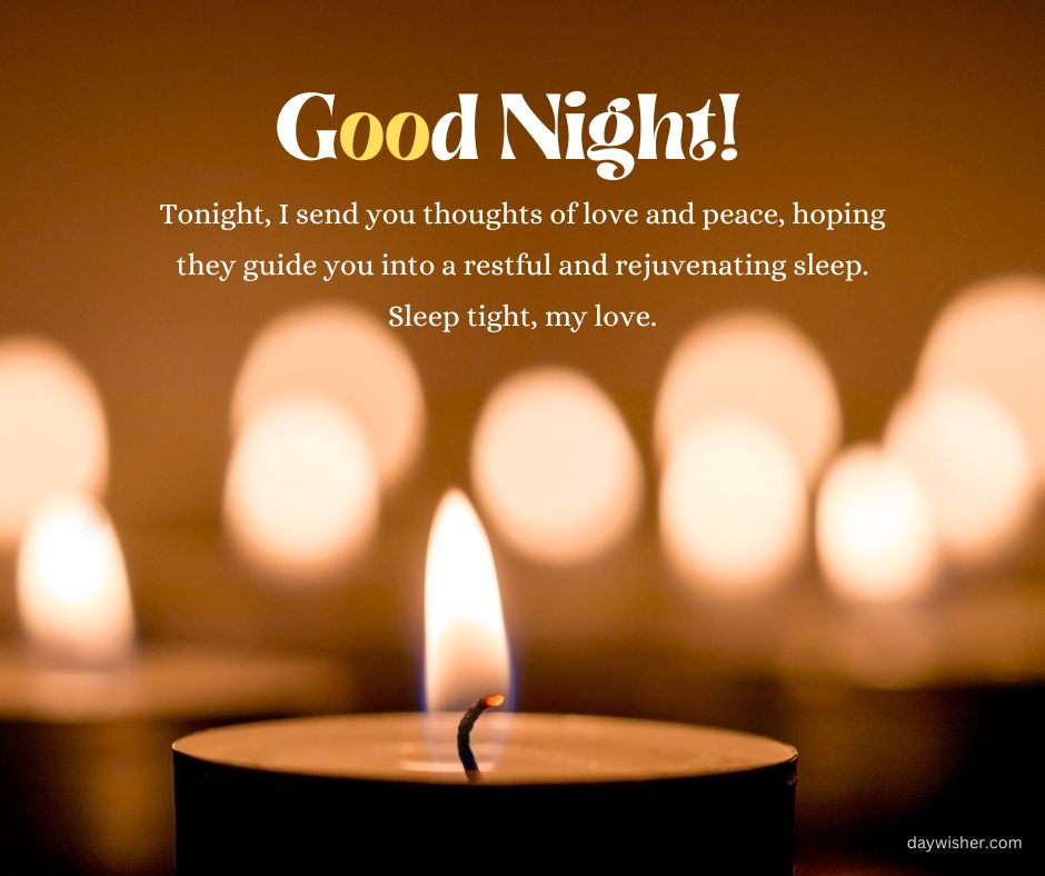 A serene image featuring a lit candle in the foreground with soft focus on multiple candles in the background. Text reads "Spiritual Good Night!" with a heartfelt message about restful sleep.