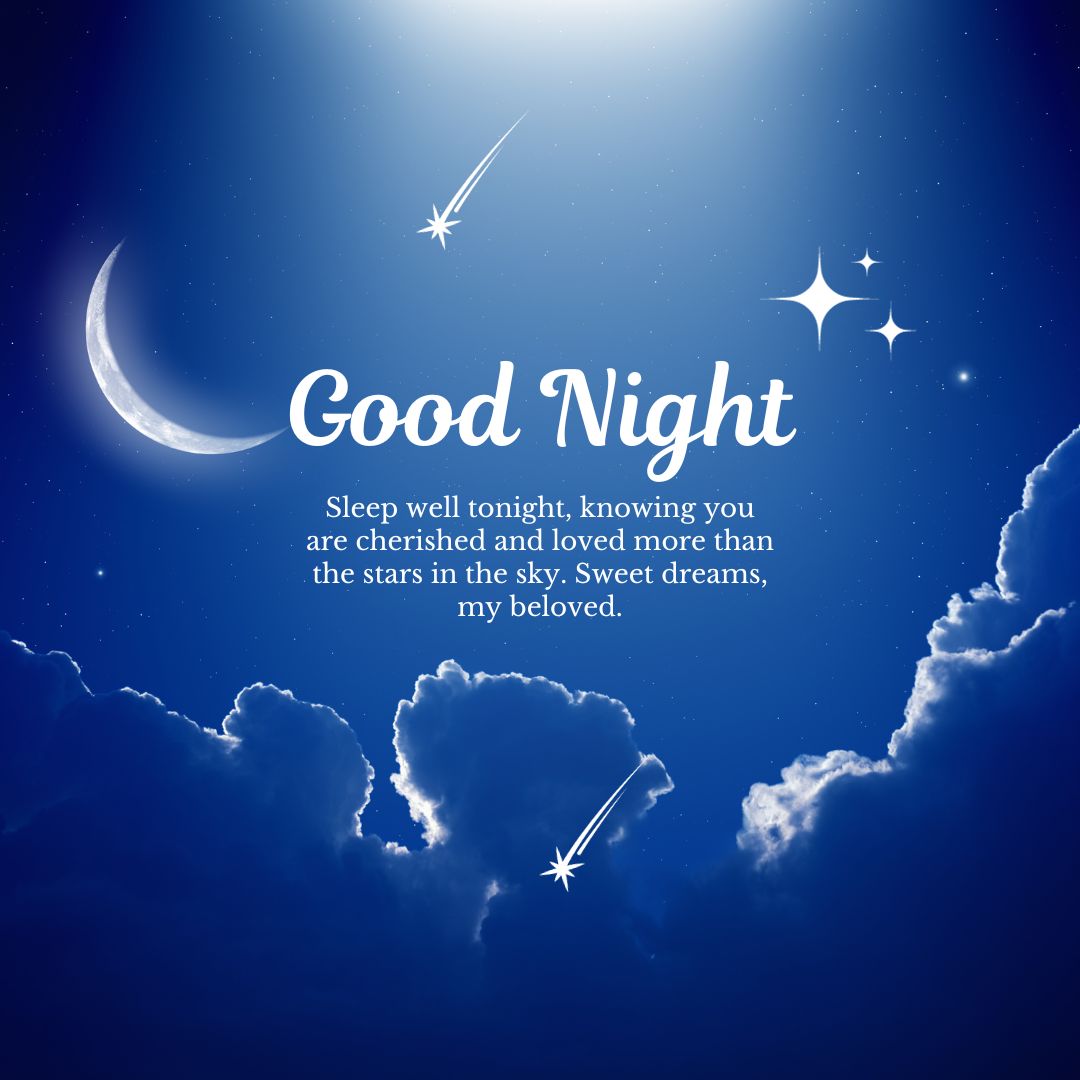 A night sky image featuring a crescent moon, stars, and two shooting stars with a text overlay saying "spiritual good night. Sleep well tonight, knowing you are cherished and loved more than the