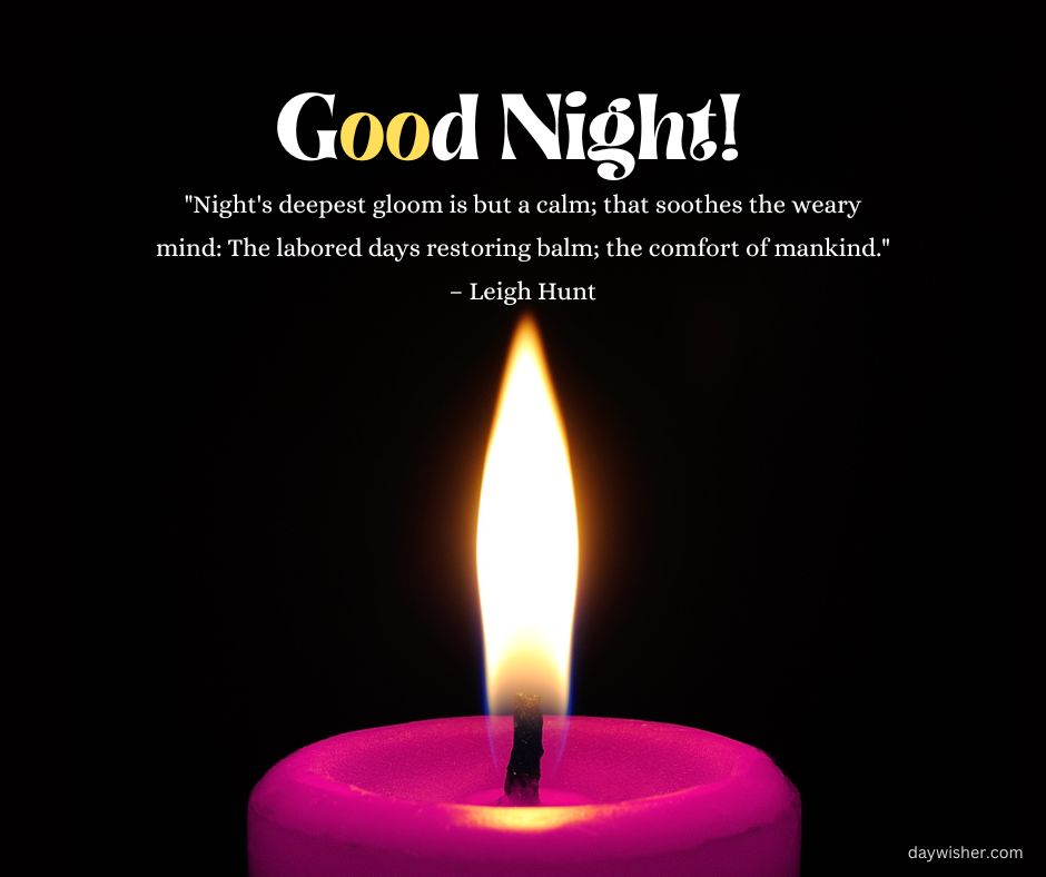A vibrant pink candle with a burning flame, set against a black background. Text above reads "spiritual good night messages" and a quote by Leigh Hunt is featured below.