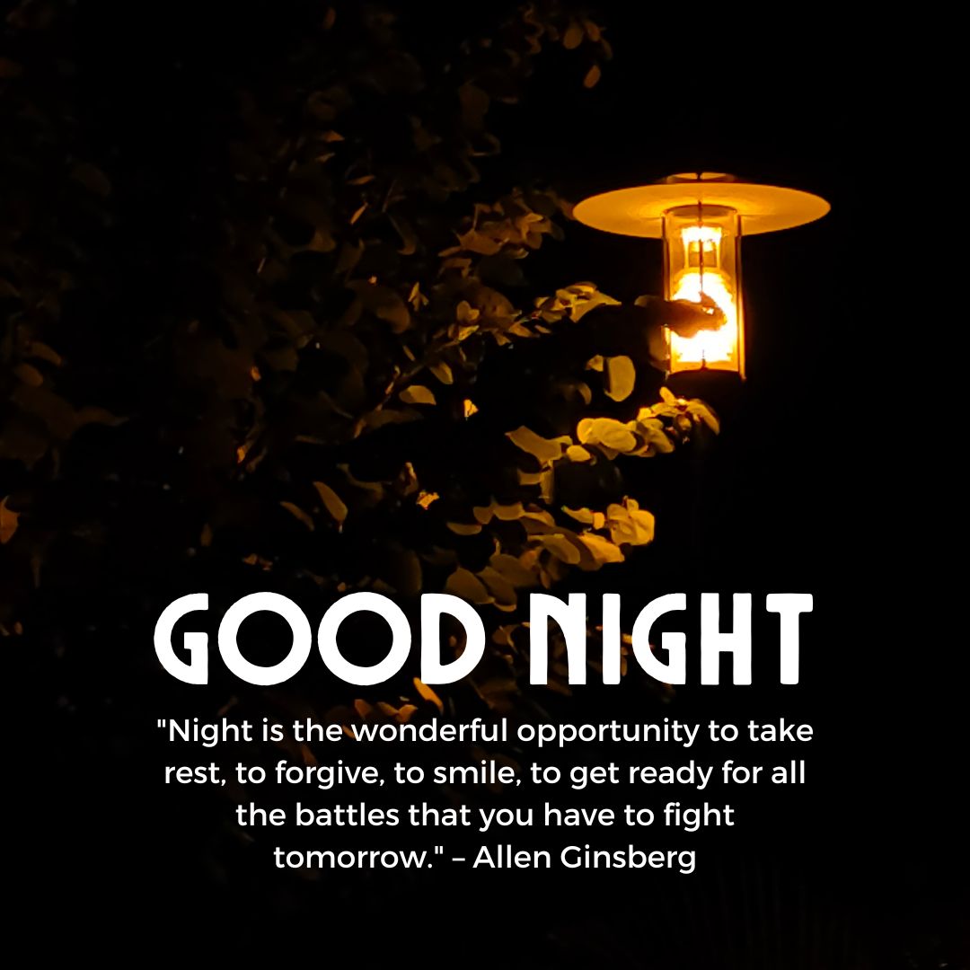An outdoor night scene featuring a glowing lamp hanging above, illuminating nearby leaves with a backdrop of darkness. Overlay text says "spiritual good night messages" with an inspirational quote by Allen Ginsberg.