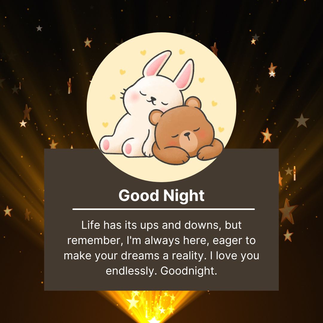 Illustration of a white rabbit embracing a brown bear under a "good night" caption tailored for husbands, surrounded by golden stars on a dark background, with a comforting message about love and support.