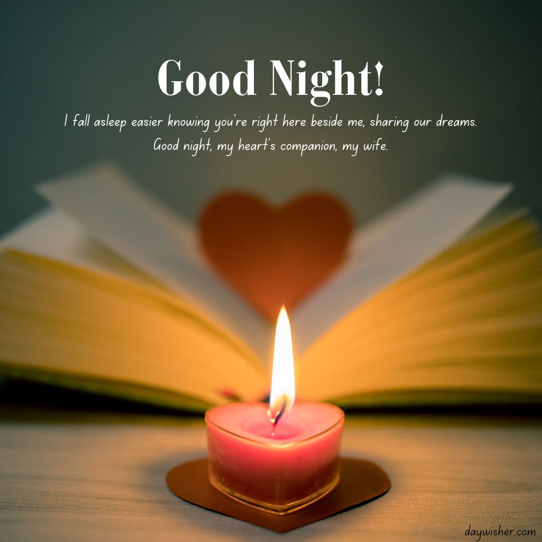 A lit heart-shaped candle in front of an open book with glowing pages, and the caption "Good Night Messages For Wife" expressing a heartfelt message to a spouse.