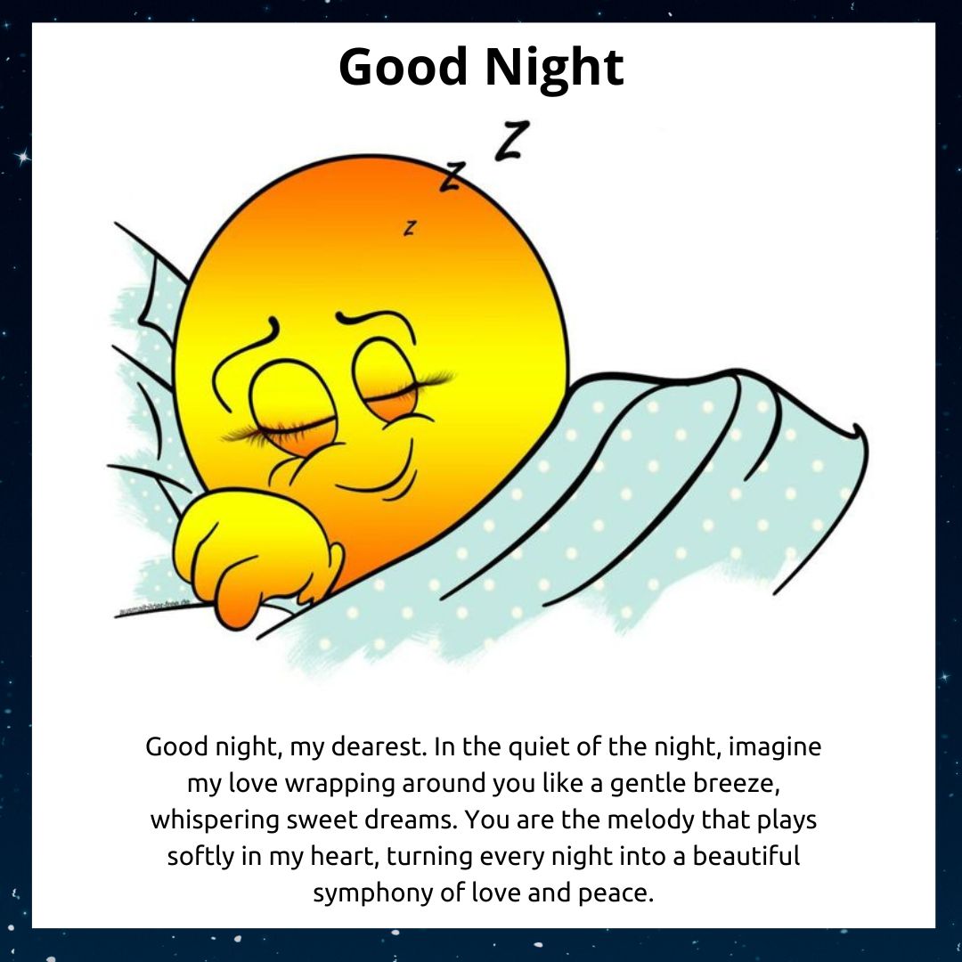 Illustration of a smiling moon wrapped in a blanket, with text that reads "good night" and goodnight paragraphs for her about a gentle, loving symphony of night.