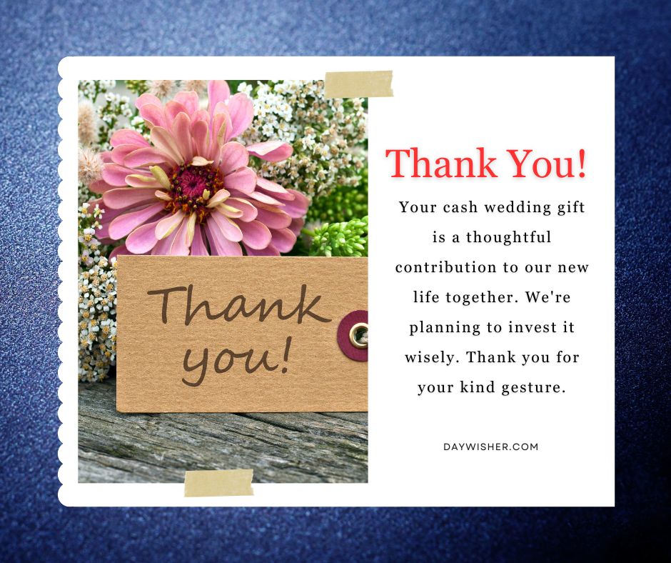 A thank you card for a wedding gift with a pink flower and white blossoms on a wooden surface, featuring a handwritten message of gratitude on a brown paper tag.