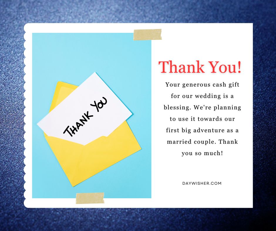 A thank-you note on a yellow sticky pad placed on a light blue and mint scalloped edge card, over a blue background. The text on the card expresses gratitude for a wedding gift and mentions