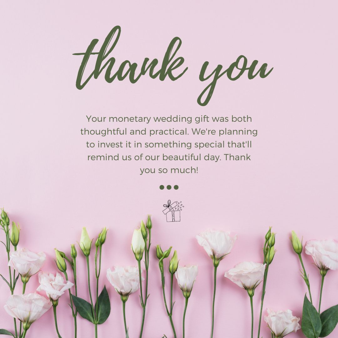 A graphic featuring a "Thank You for Wedding Gift" note, with elegant script on a pink background and white roses aligned at the bottom.