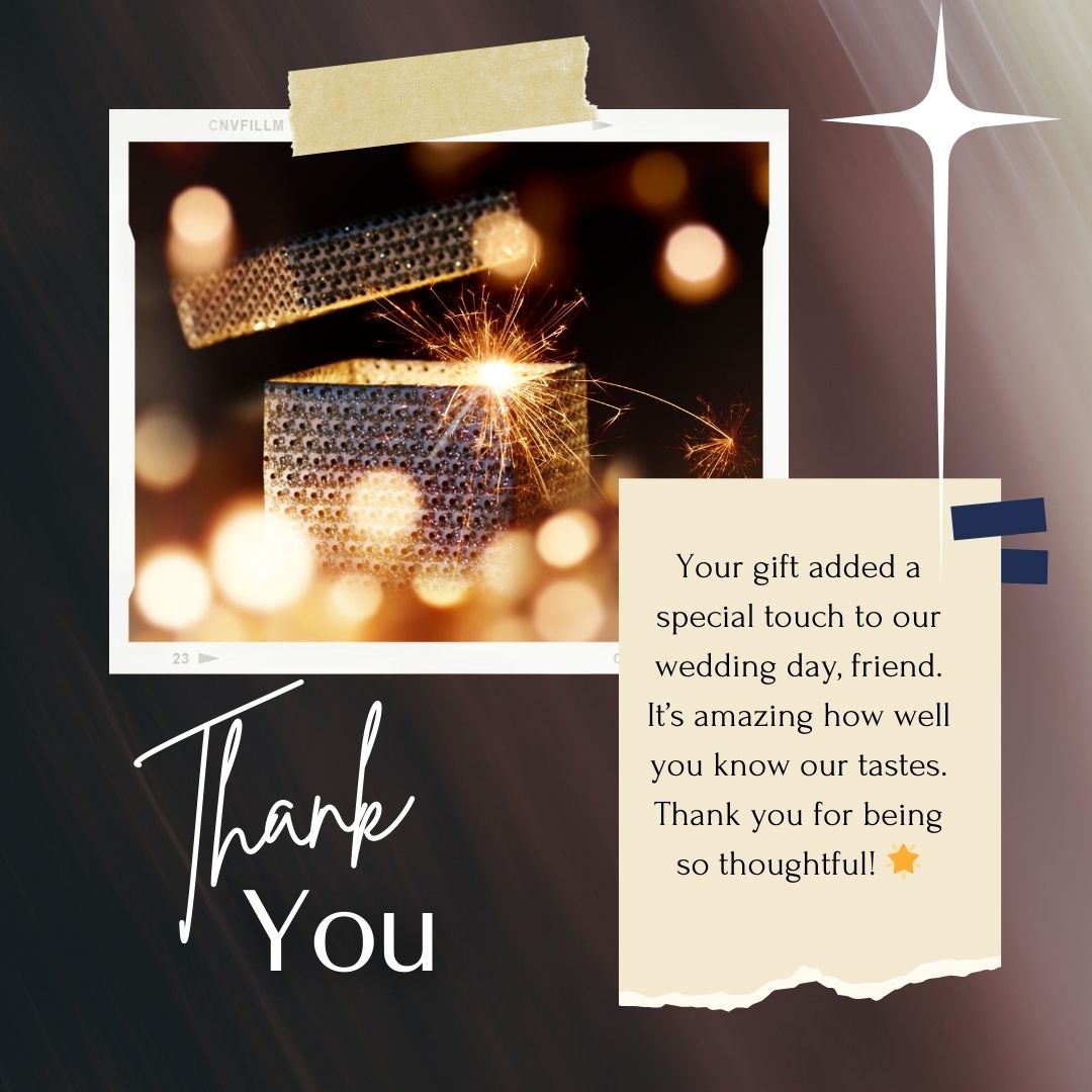 A thank you card featuring an image of sparklers, with the text "Thank You for Wedding Gift" prominently displayed. The card includes a heartfelt note expressing gratitude for a thoughtful wedding gift.