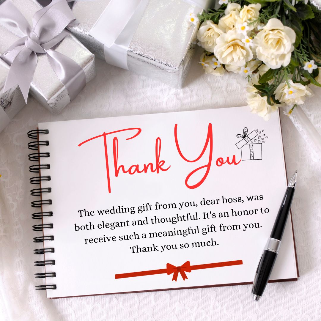 A notebook with a "Thank You for Wedding Gift" message written in red ink, accompanied by a bouquet of white roses, a gift box, and a pen, symbolizing gratitude for a wedding gift