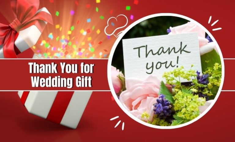 A vibrant graphic featuring a white "Thank You for Wedding Gift" card amidst colorful flowers on the right, and a white and red gift box with confetti on the left, with the text "thank