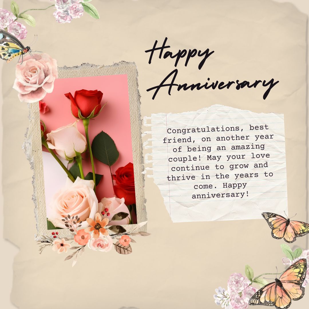 An elegant wedding anniversary card featuring a red rose, surrounded by floral decorations and butterflies, with a message wishing friends a happy anniversary on a textured beige background.