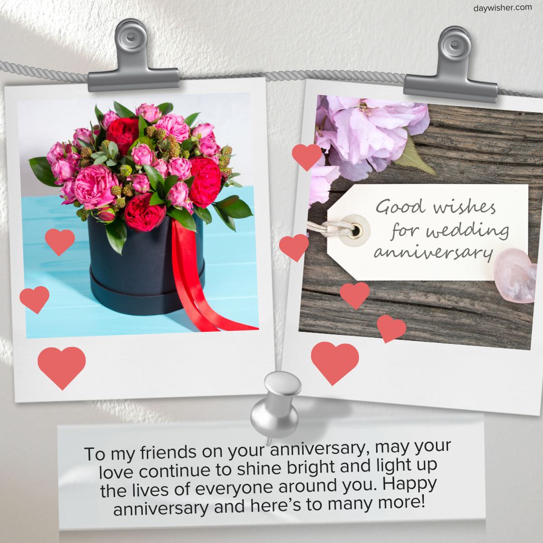 A festive anniversary card featuring a lush bouquet of pink and red flowers in a black vase, a wooden background with a tag reading "Wedding Anniversary Wishes For Friends," surrounded by decorative hearts.