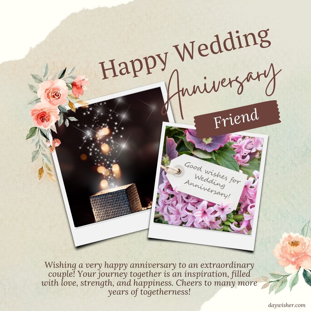 A celebratory anniversary card saying "Wedding Anniversary Wishes For Friends" featuring two polaroid photos; one with sparkling lights over a gift and another with a floral arrangement and well wishes, on a