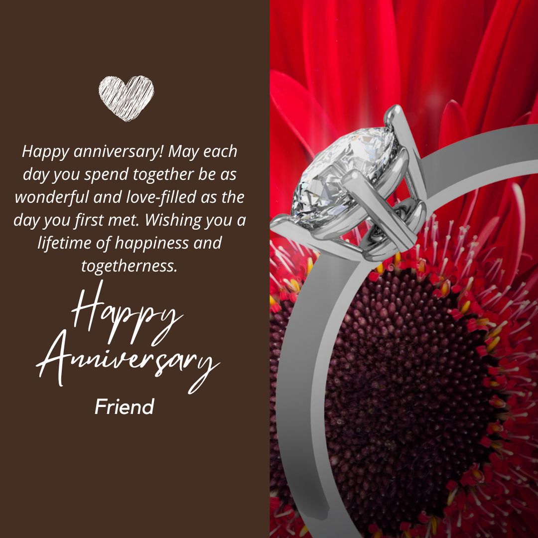 Anniversary greeting card featuring a close-up of a red dahlia and a silver wedding ring, with text offering wedding anniversary wishes for friends and a lifetime of happiness.