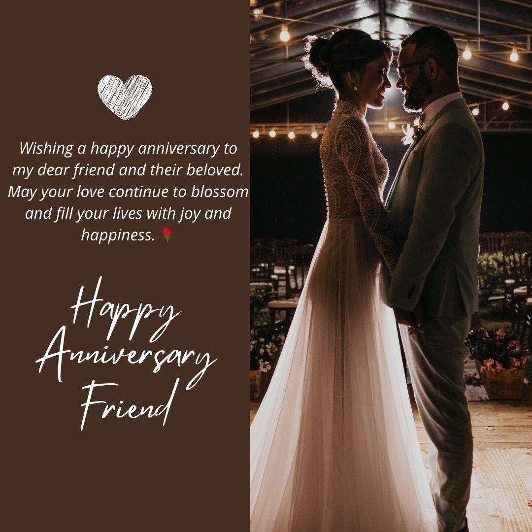 A couple in elegant wedding attire tenderly gaze at each other under soft lighting, with heartfelt wedding anniversary wishes for friends.