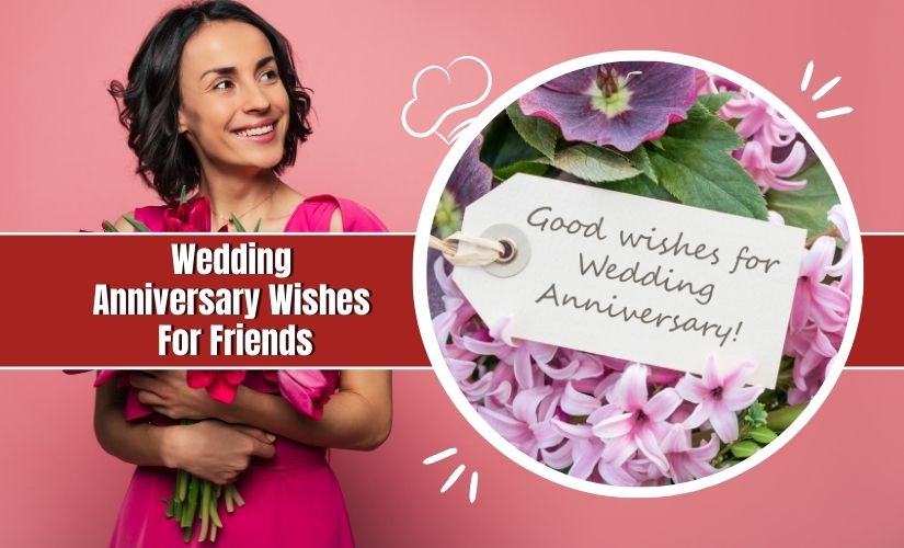 Split image: on the left, a woman smiling while holding flowers; on the right, close-up of a floral arrangement with a tag reading "good wishes for wedding anniversary!" Text at top reads