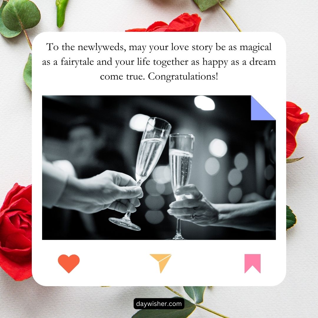 Two people clinking champagne glasses in a celebratory toast, with roses and wedding wishes for a friend visible, set against a blurred background with warm lights.