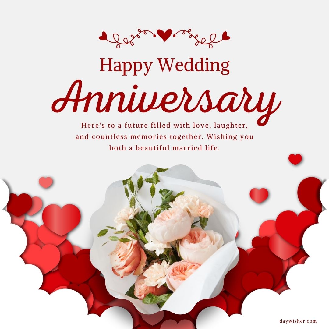 An anniversary greeting card with the text "Wedding Wishes for Friend" at the top, featuring a bouquet of pink roses surrounded by red hearts. Background is white with decorative red accents.