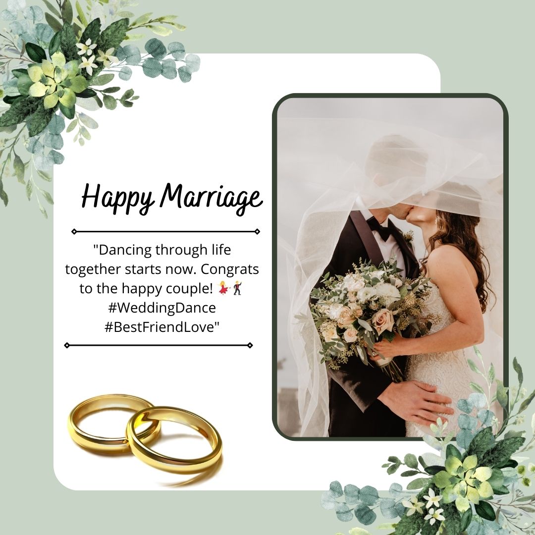 A wedding card design featuring a smartphone displaying a photo of a bride holding a bouquet, partially covered by a veil, with gold wedding rings and floral decorations around the frame. Wedding wishes for friend celebrate marriage