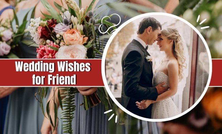 A wedding card design featuring a photo of a bride and groom gazing at each other lovingly, surrounded by floral graphics, with the text "Wedding Wishes for Friend" across the top.