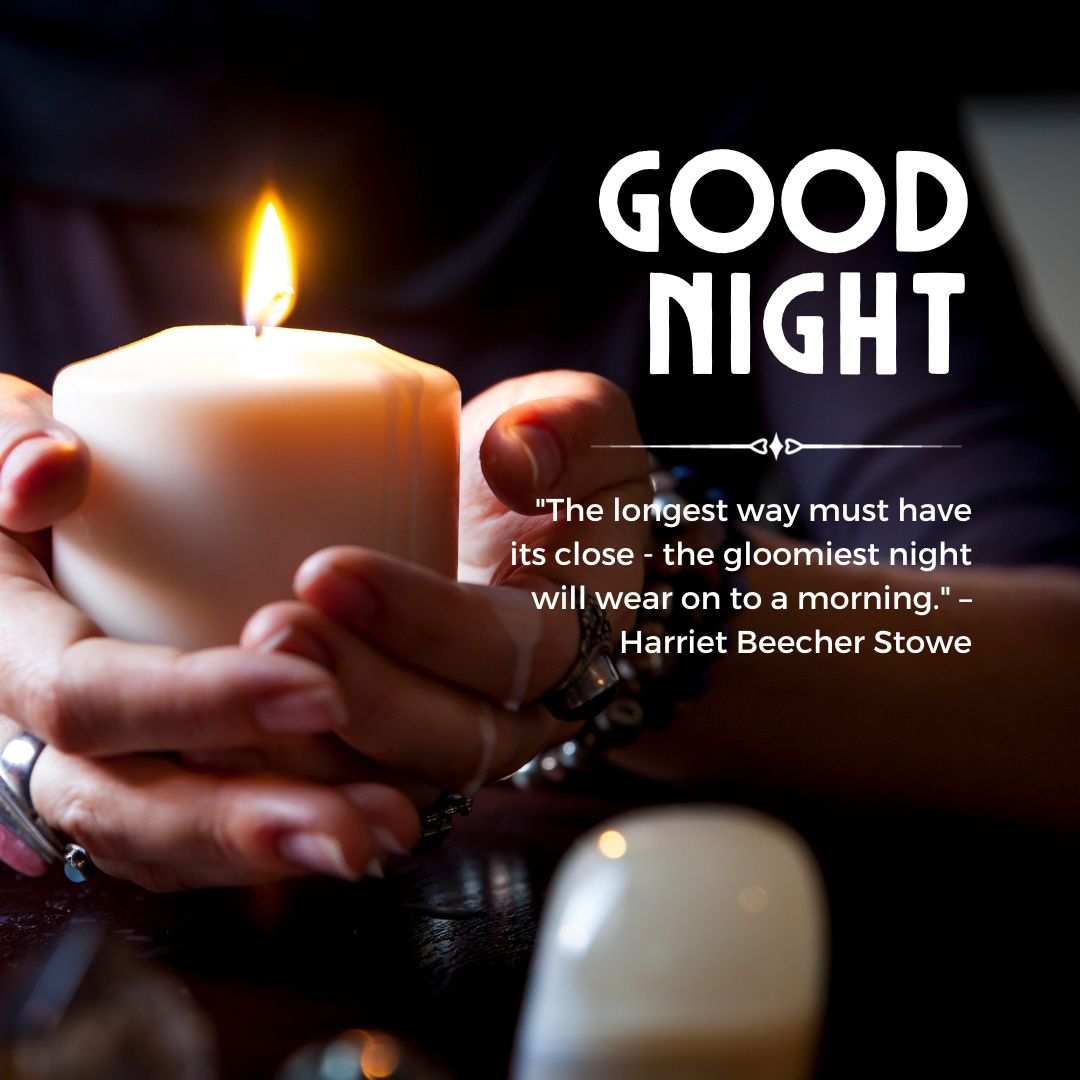 An atmospheric image showing a person's hands holding a lit candle, with the words "spiritual good night" and a quote by Harriet Beecher Stowe about optimism at night.