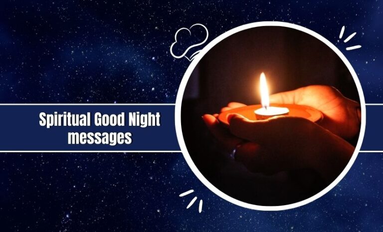 A single candle held gently in hands against a dark blue background with the text "spiritual good night messages" and decorative white doodle-like designs.